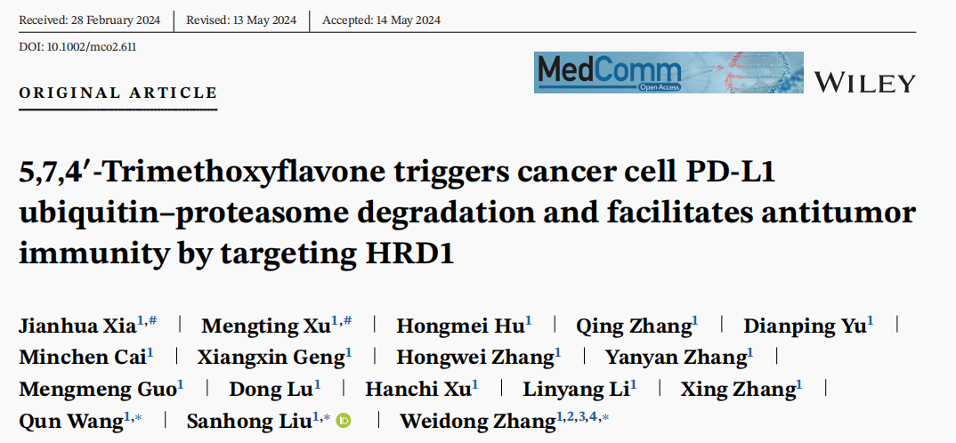 伟德刘三宏和海军军医大学张卫东团队发表论文揭示中药来源的小分子芹菜素三甲醚的抗肿瘤作用机制