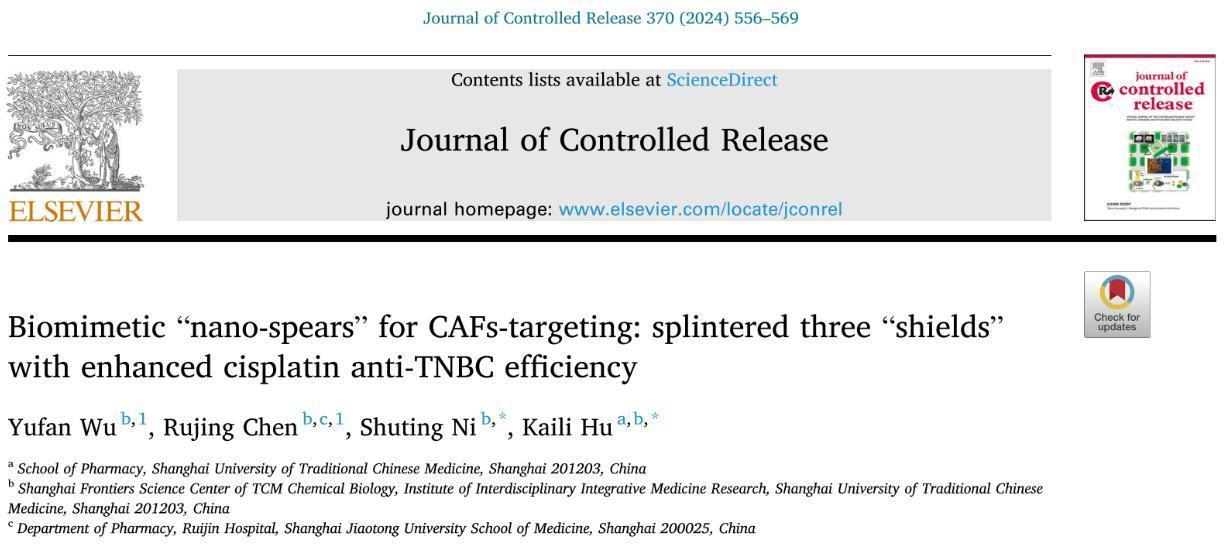 中药学院胡凯莉团队构建仿生肿瘤相关成纤维细胞靶向递药系统联合化疗提高三阴性乳腺癌的治疗效果