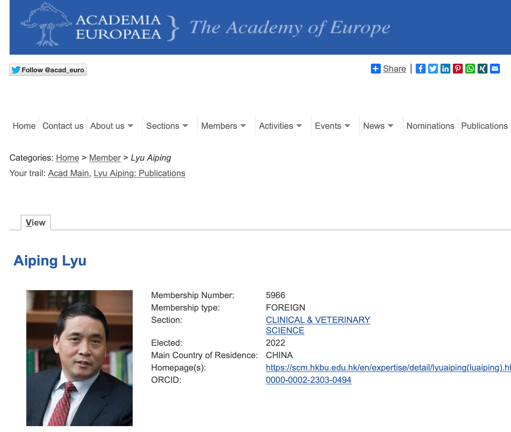 伟德中西医结合研究院院长吕爱平教授入选欧洲科学院外籍院士