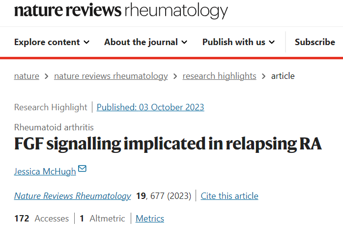 Nature子刊Research Highlights报道伟德附属光华医院类风湿关节炎研究最新进展
